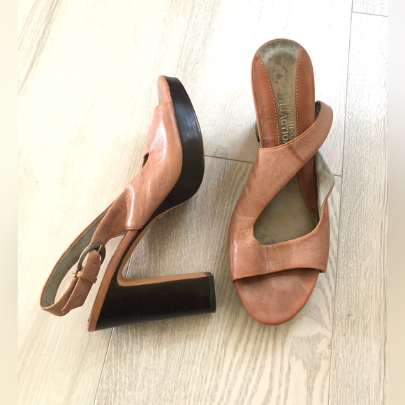 Kenneth Cole Peach Leather Slingback Open Toe Platform Wood Heels - Picture 11 of 16